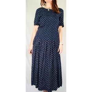 90’s Vintage Navy Blue Abstract Dot Drop Waist Pleated Skirt Maxi Dress
